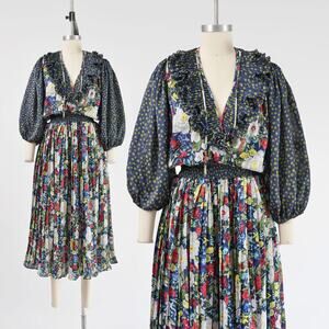 Vintage 80s Blue Floral Ruffle Neck Balloon Sleeve Pleated Midi Dress size S M